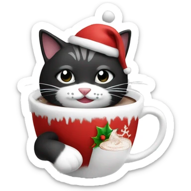 Christmas cat black and White with hot chocolate  sticker