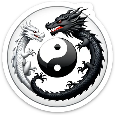 An icon symbolizing Eastern martial arts in the style of an emblem, featuring a black-and-white Yin-Yang symbol and a dragon at the center, surrounded by elements like a dojo. Transparent background highlights balance and power. sticker