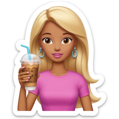 Brown skin blonde hair Barbie drinking iced coffee sticker