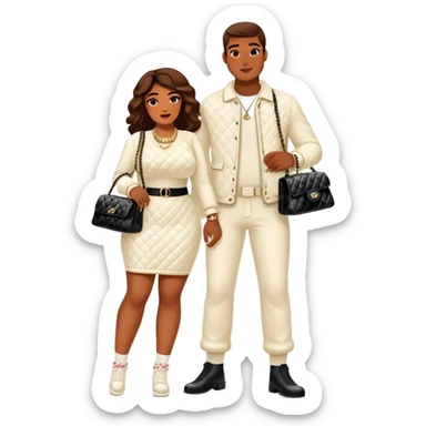 Man living his dream. He’s boo’d up with a pretty Brownskin big booty woman wearing a Chanel outfit with her holding a Chanel bag. The man has on an Off-White outfit down to the shoes and socks sticker