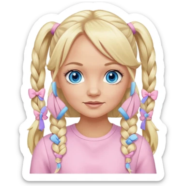 Emma Bunton blue eyes, long blonde pigtails hair, light pink outfit sticker