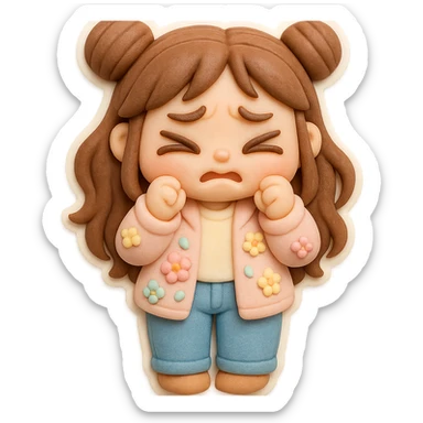 3D chibi fondant cake art style, high-quality rendering with smooth shadows and soft gradients. Girl with long brown hair in two space buns, brown eyes, jeans, pastel floral cardigan, thick white outline like a sticker, transparent background. Closing her eyes in fear, preserve facial features. sticker