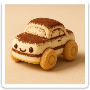 tiny tiramisu car, ladyfinger wheels, creamy mascarpone body, cocoa powder details, playful and cute, dessert-inspired sticker