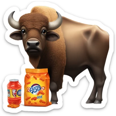 A buffalo on a beautiful beach with a bag of hot Cheetos and a bottle of Pepsi sticker