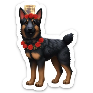 Bokeh Midnight starry night stars dark Brindled striped brindle black German shepherd fox carrying glowing red lantern, fairy lights, rose flower crown, bokeh lights, out of focus blur sticker