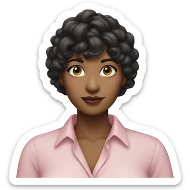 woman with long black curly hair and bangs and dark brown eyes, wearing a pastel pink blouse sticker