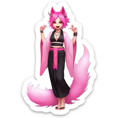 Full body female, succubus kitsune, neon pink eyes, vibrant pink hair, alabaster skin, fluffy black tails, pink tail tips, spiked choker, unique heritage, seductive charm, rebellious spirit, traditional kimonos, spiked anklets, and Barefoot 
 sticker