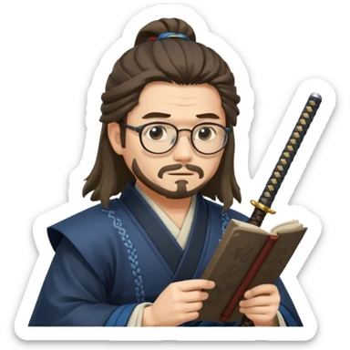 Long Haired Samurai with Glasses, Calm swordsman reading scroll with glasses sticker