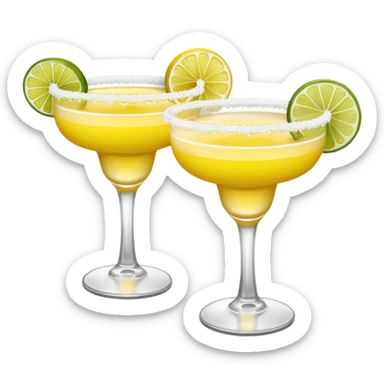 2 margarita cocktails. one is the classic margarita: yellowy with salt on the rim and a lemon. the other one is a spicy margarita: slightly more red color with a small red chili pepper instead of a lemon on the rim  sticker