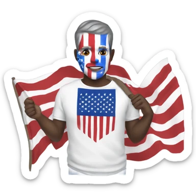 patriotic white man with red white and blue face paint, holding an american flag and wearing a shirt that says freedom sticker