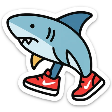 shark with red Nike sneakers, flat modern icon style sticker