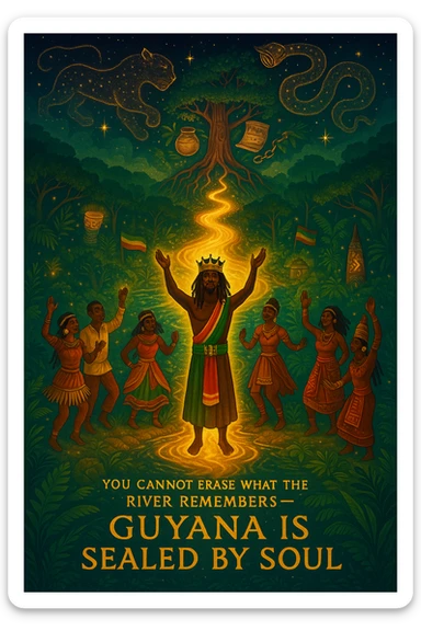 A vivid, spiritual illustration of Guyana reborn as a land of divine rhythm, ancestral return, and natural royalty. In the heart of the image flows the mighty Essequibo River, glowing with golden energy — a symbol of memory, healing, and spiritual current. Surrounding the river are lush, enchanted rainforests pulsing with hidden drums, glowing symbols, and jungle spirits made of light.

At the center, a crowned I-tal figure (part Rasta, part ancestral guardian) stands barefoot in the river, arms raised, channeling the rhythm of the land into the sky. Around them: a ring of spirit dancers echoing maroon heritage, Amerindian wisdom, and African soulfire — dressed in ceremonial garb, dancing in sync with the heartbeat of the earth.

Above, the stars form the shape of a jaguar and a giant serpent intertwined — the twin protectors of Guyana. Behind them, a mighty temple-tree rises from the jungle canopy, its branches holding sacred items: a calabash, a broken colonial chain, a conch shell, and a scroll titled “Undivided.”

Sacred text etched into the riverbank reads: “You cannot erase what the river remembers — Guyana is sealed by soul.”

The colors should reflect spiritual awakening: deep emerald, fire-gold, sunrise orange, and night-sky indigo. Mist, ancestral drums, and glowing Rasta flags should blend into the atmosphere — making this a vision of both resistance and rebirth. sticker