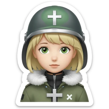 a cute anime girl with short blonde hair and soft bangs, large light blue eyes, and a gentle, calm expression. She is wearing a dark gray helmet with a small cross symbol on the front and a green coat with a fluffy white fur collar. Minimalistic, soft, and innocent character design. sticker