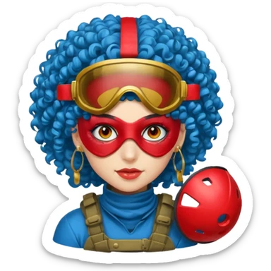 blue curly haired paintball playergirl with huge earrings, wearing red paintball eye mask helmet sticker