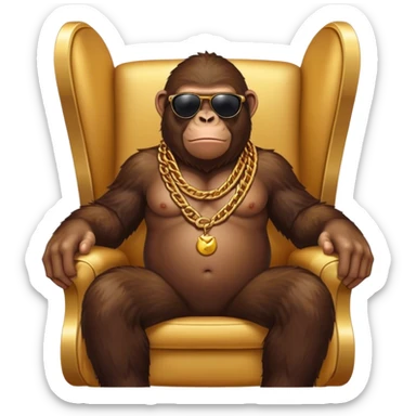ape with big golden chain on the neck wearing sunglasses sitting in the armchair full height sticker