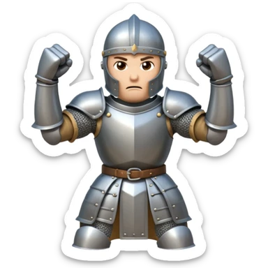 A cartoon knight in full armor with a closed helmet, expressing anger. The knight's head is tilted forward, arms clenched into fists, and legs apart. sticker