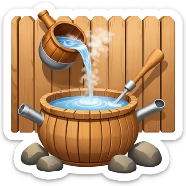 Ladle pouring water onto sauna rocks with steam sticker