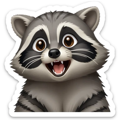 Cinematic-Cute-Yawning-Raccoon-Portrait-Emoji – Head tilted slightly with a dramatic, wide-open yawn, revealing a soft grey and black fur coat with a striped bushy tail, round brown eyes barely open in drowsy curiosity. sticker