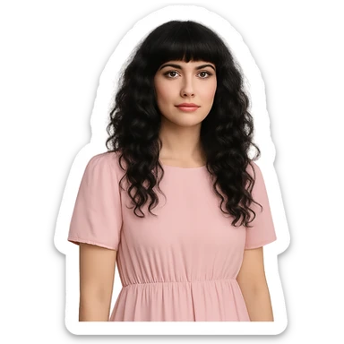 white woman with long black curly hair and bangs, dark brown eyes, wearing a pastel pink dress sticker