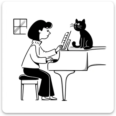 woman playing piano while her cat sits on top of the piano sticker