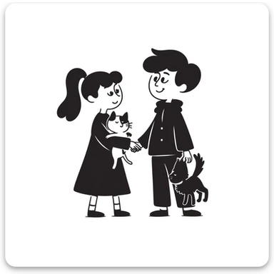 A girl with long brown hair holding the hand of a boy with black hair, both dressed in black, holding a cat and dog sticker