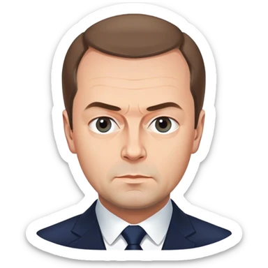 Dmitry Medvedev, round face, smooth finish, simplified but iconic facial traits including distinctive hair, eyebrows, eyes, mouth, serious expression, clean background sticker