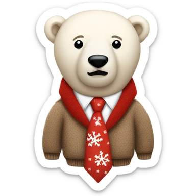 Stuffed polar bear in a brown jumper with a red snowflake and a red tie sticker