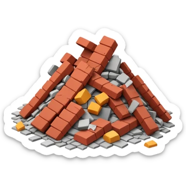 3D iPhone style emoji of a pile of bricks, roof pieces, and wall rubble, scattered and broken, isolated on white background, soft shadows, high detail, playful and cute sticker