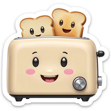 Cute Kawaii Toaster, tiny and square, soft pastel cream with a happy smile, chubby cheeks, two little toast slices popping out, giggling in excitement! sticker