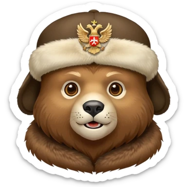 Friendly bear face wearing traditional Russian ushanka hat with double-headed eagle emblem, iOS emoji style sticker