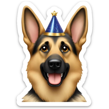 Blonde and brown German shepherd holding a sign that says “Happy New Year” sticker