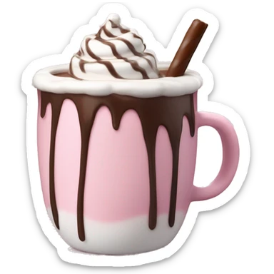 hot chocolate with mug and whip cream and chocolate drizzle and pale pink strawberry and marshmellows sticker
