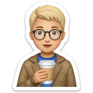 Student with round glasses and takeaway coffee sticker