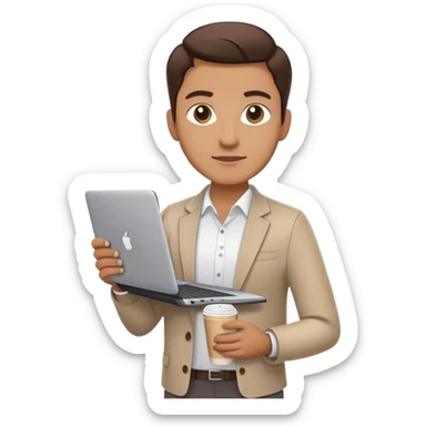 business owner standing confidently, holding a closed laptop in one hand and a takeaway coffee cup in the other. The character wears casual-smart clothes. sticker