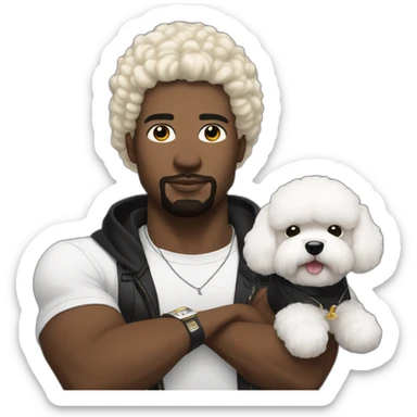 white man black hair,  rapper flexing with a bichon sticker