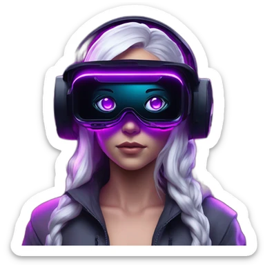 Daenerys Targaryen wearing a black hoodie with "OMG" letters on it and VR headset in a cyberpunk VR environment with violet neon lighting. sticker