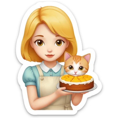 Beautiful girl holding a mango cake and a kitten sticker