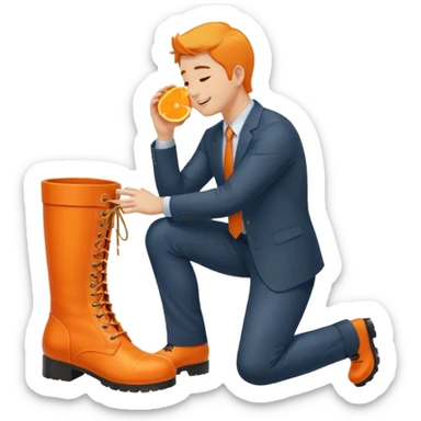 Office worker kneeling and kissing a large orange boot sticker