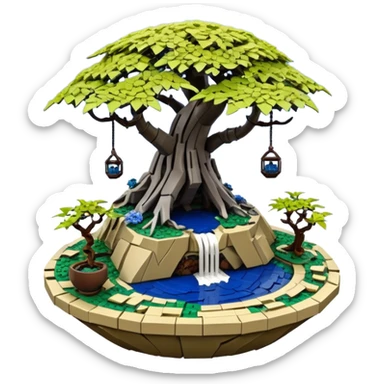 Alien Lego saucer hanging jungle-vines mountain-island landscape antique mudman very old broken cracked intricate Stone Age rocky-crusted irregular dodecagon-shaped shallow dark moss rough bark blue willow flowered maple tree bonsai pot sticker