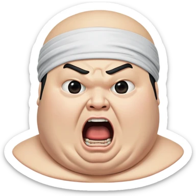 Super extreme tight close-up of just the face of morbidly obese white skin guy with young face, prominent BLACK DURAG tied clearly on head, black beard but no mustache, clean shaven upper lip, black eyes, mouth wide open screaming angrily sticker