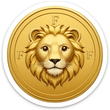 Pièce d’or ronde vue de face, lettre F gravée au centre, tête de lion fine et discrète en arrière‑plan, style emoji simple. sticker
