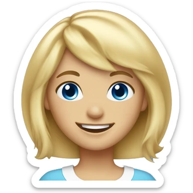 blonde girl with bangs, blue eyes and a bright smile sticker