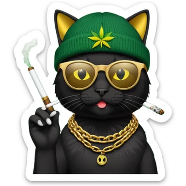 A black cat wearing the deal with it shades and a rasta beanie and smoking a joint and wearing a gold chain that says 420 sticker