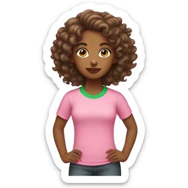 Brown girl with curly hair wearing pink and green t-shirt sticker