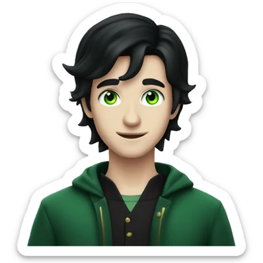 teenage white-skinned magician with black hair, green eyes in dark green disguise sticker
