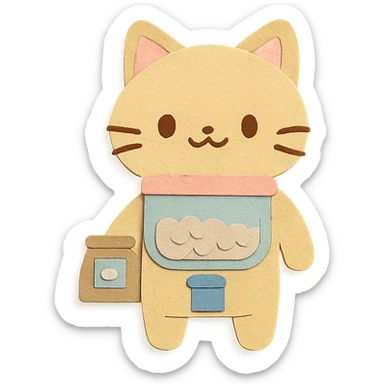 chibi rice dispenser-cat hybrid standing with a tiny rice bag, soft pastel, full-body sticker