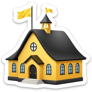 simple magic school, white background, magic school, black roof, with a big flag, big flag on a roof, big yellow flag, white school sticker