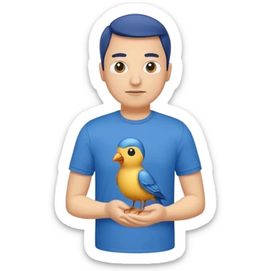 blue tshirt man with bird sticker