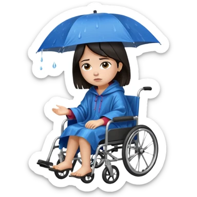 Girl with dark hair  in a wheelchair with rain poncho sad with rain  sticker