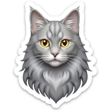 Cinematic Grey Maine Coon Cat Portrait Emoji, Elegant and alert, sleek grey, silver, and white tones, Simplified yet sharp features, highly detailed, glowing with a cool, confident glow, high shine, intelligent and poised, stylized with an air of grace, focused and attentive, soft glowing outline, capturing the essence of strength and sophistication, so lifelike it feels as though it could spring into motion with its majestic tail swishing at any moment! sticker